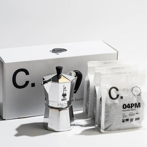 Bialetti Moka Set + 3 gemahlene Kaffees – 05AM / 01PM / 04PM