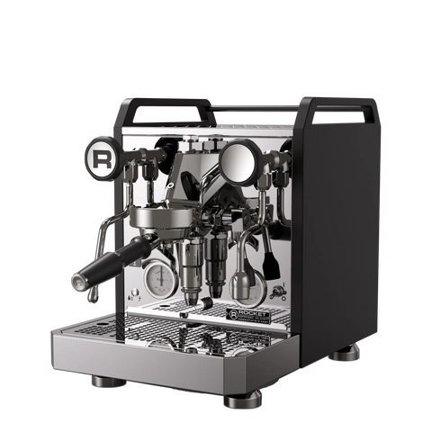 Rocket Espresso Mozzafiato Fast R – machine espresso chrome avec panneaux noirs, vue de trois quarts