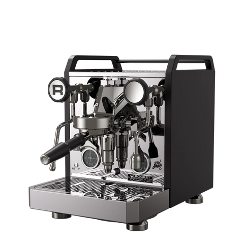 Rocket Espresso Mozzafiato Fast V – machine espresso chrome avec panneaux noirs, vue de trois quarts